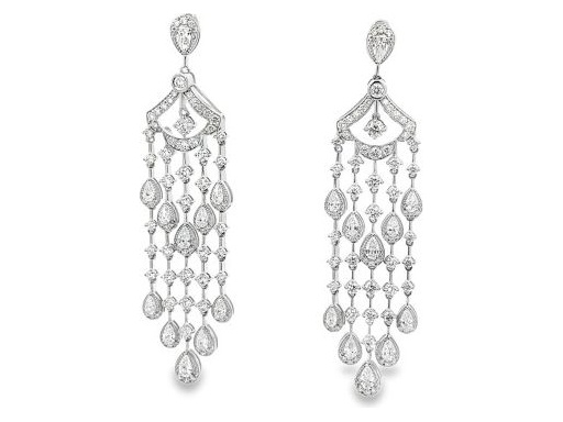 18K White Gold Natural Diamond Chandelier Earrings with Pear and Round Cuts